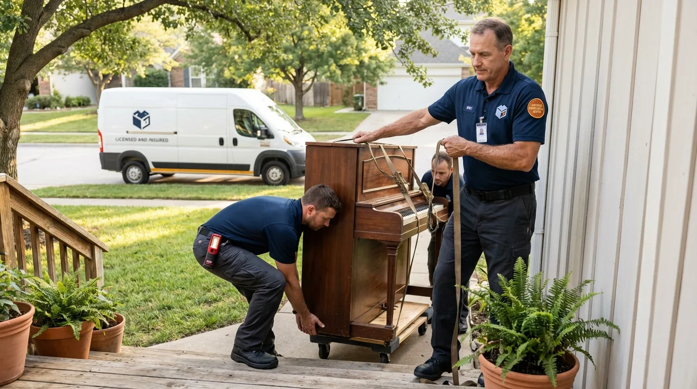 Licensed piano movers securing grand piano in North Falmouth, MA