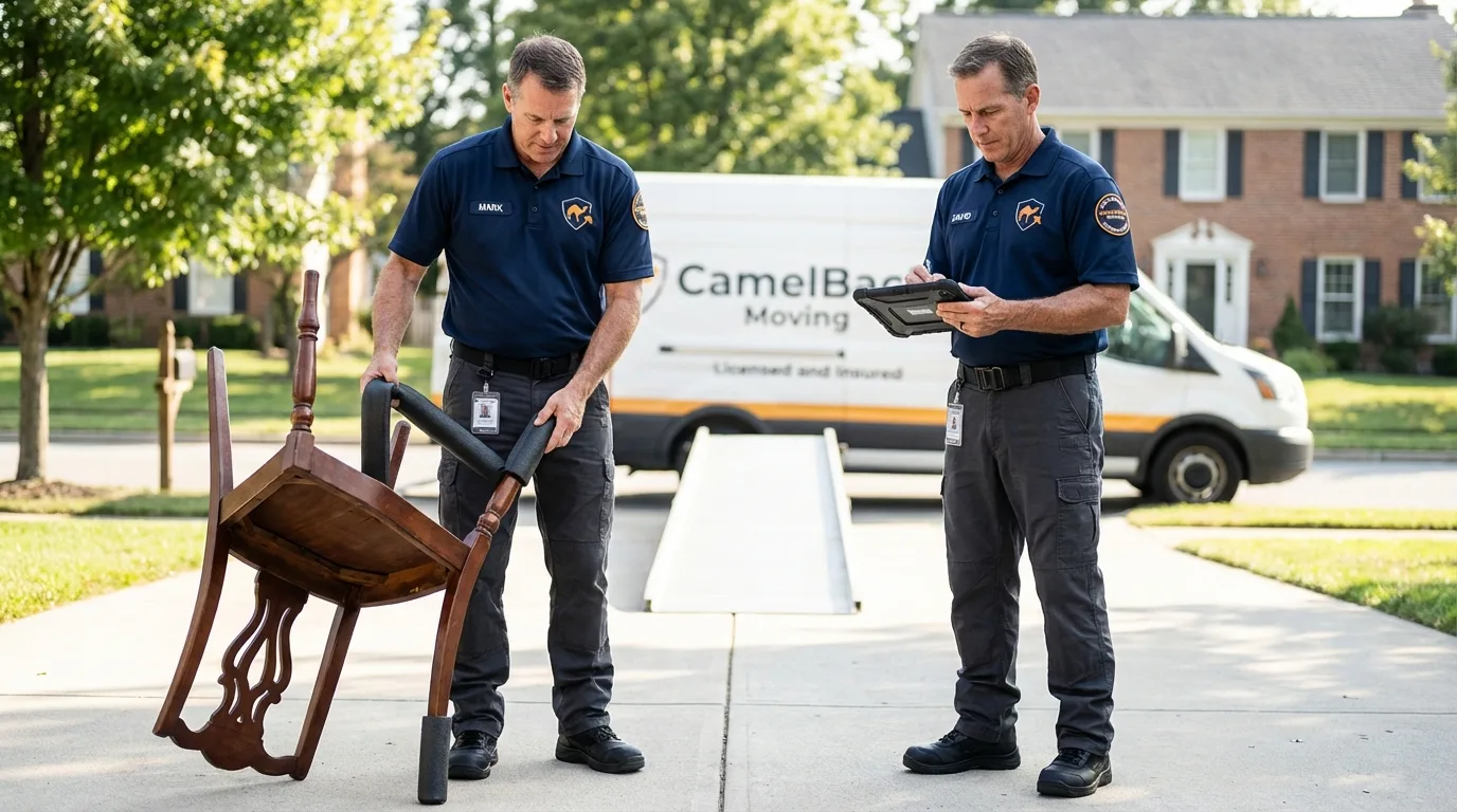 Movers inspecting furniture for damage prevention before loading in North Falmouth, MA