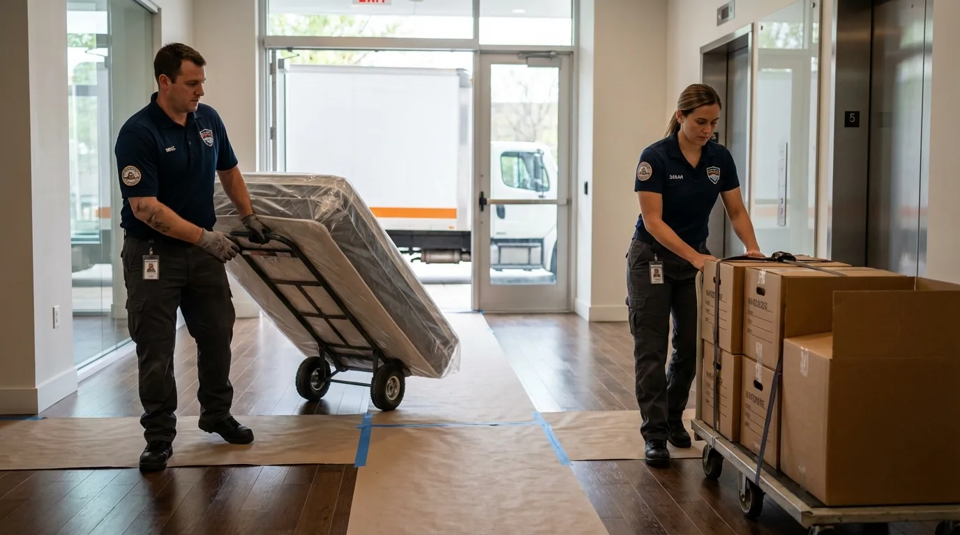 Professional apartment movers loading elevator in North Falmouth, MA