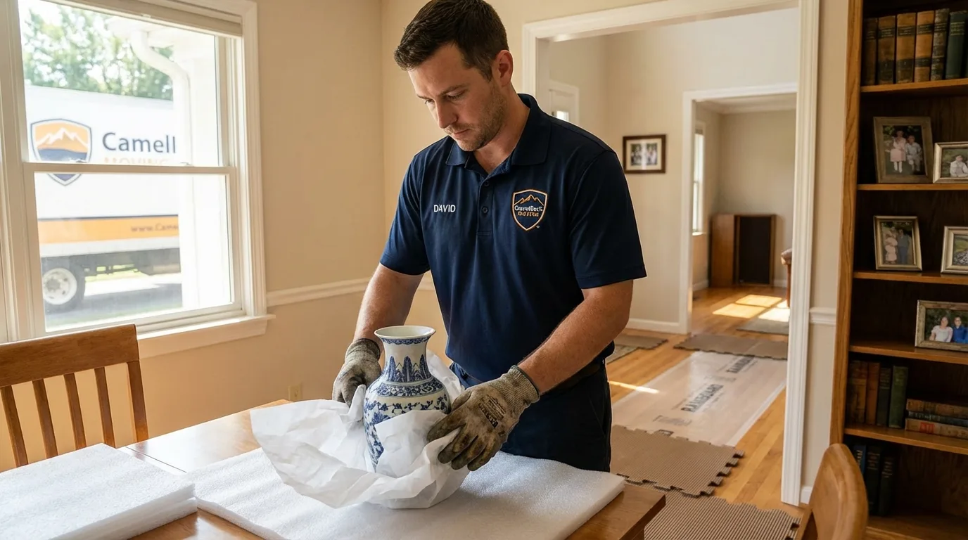 Professional crew carefully wrapping antique vase for senior downsizing move in North Falmouth, MA