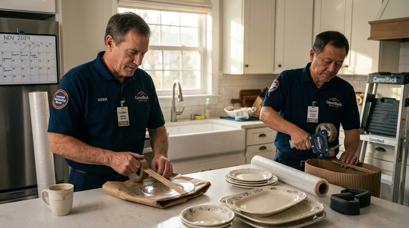 Professional crew packing kitchen dishware in North Falmouth, MA